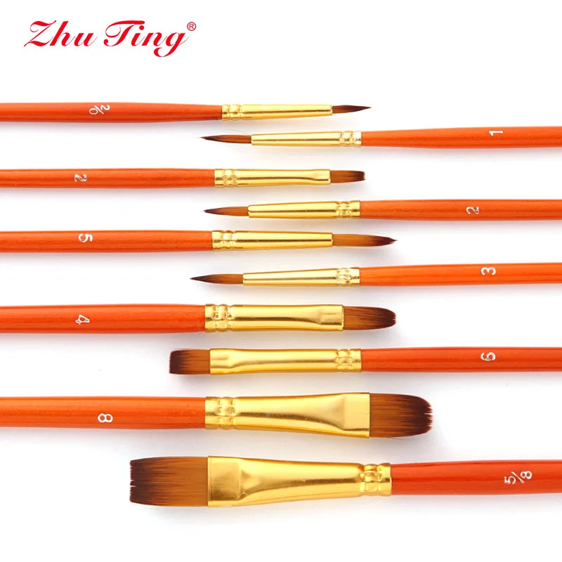 10Pcs/bag Watercolor Gouache Paint Brushes Different Shape Round Pointed Tip Nylon Hair Painting Brush Set Art Supplies