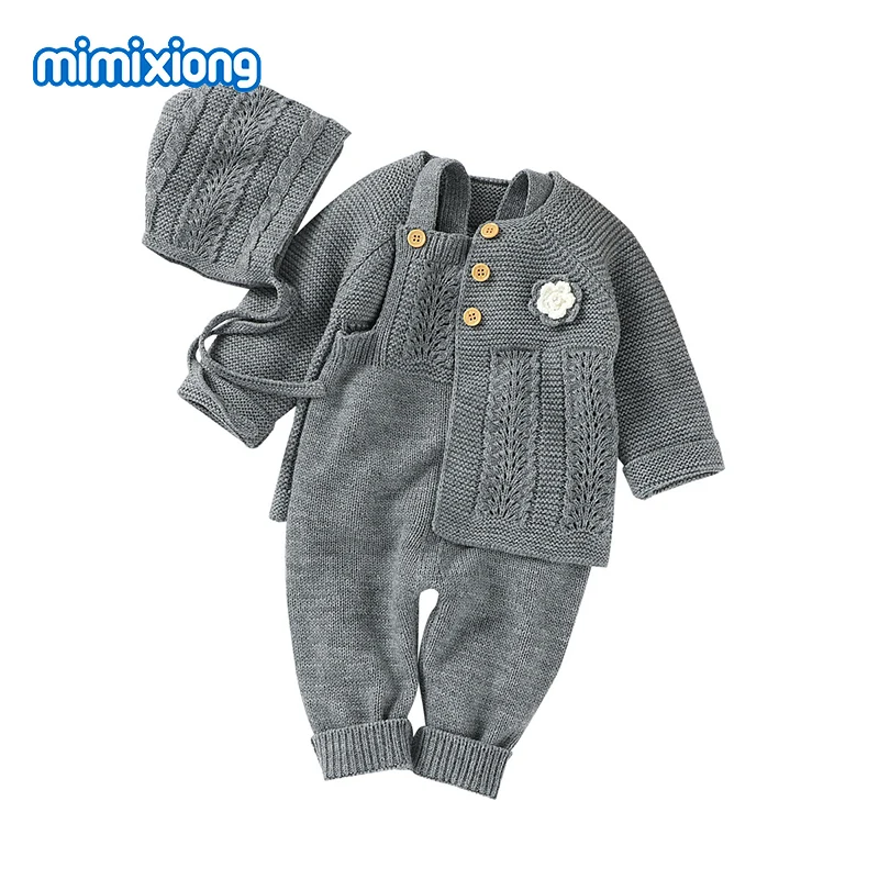 Baby Clothes Winter Warm Knitted Newborn Girls Rompers + Jackets + Hats 3pcs Outfits Sets Autumn Outerwear Toddler Kids Sweaters