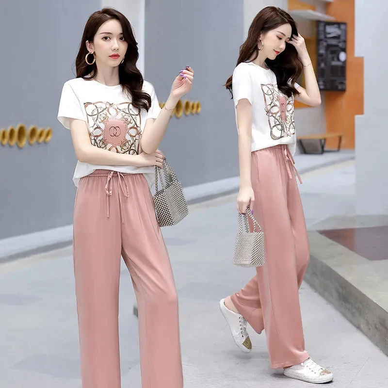 2025 Summer New Women Two-piece Suit Middle Aged Loose Short Sleeve Tshirt Tops And Wide leg pants 2 piece Set Female Outfits