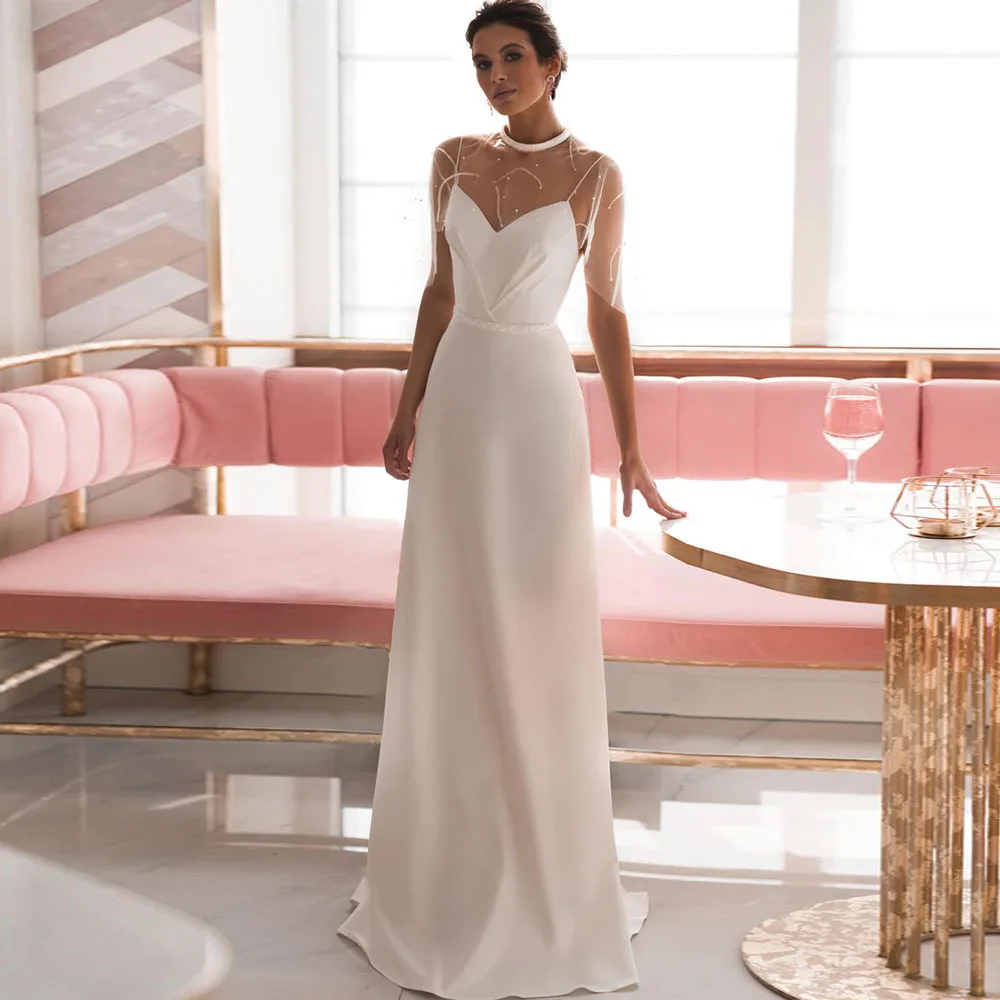 Detachable Cap Sleeves Wedding Dresses O-Neck Pearls Backless Pleat Design Floor-Length Bridal Gown Custom Made Stain