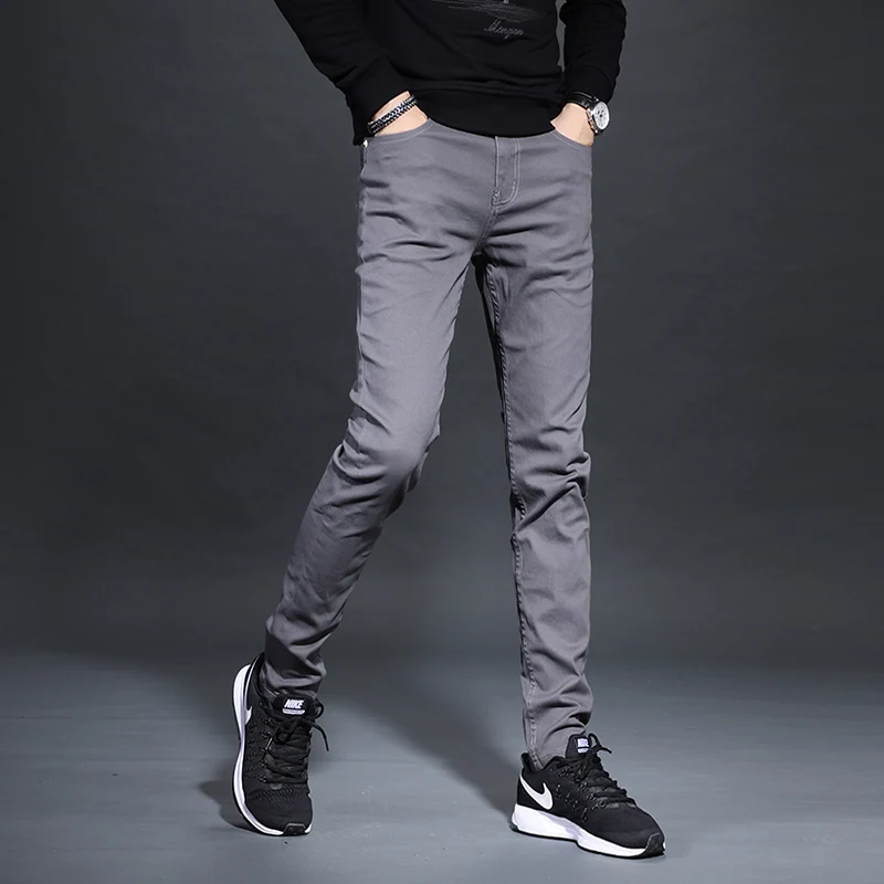 Men Army Green Stretch Jeans Korean Style Mens Straight Slim Fit Pants Fashion Casual Solid Color Denim Trousers