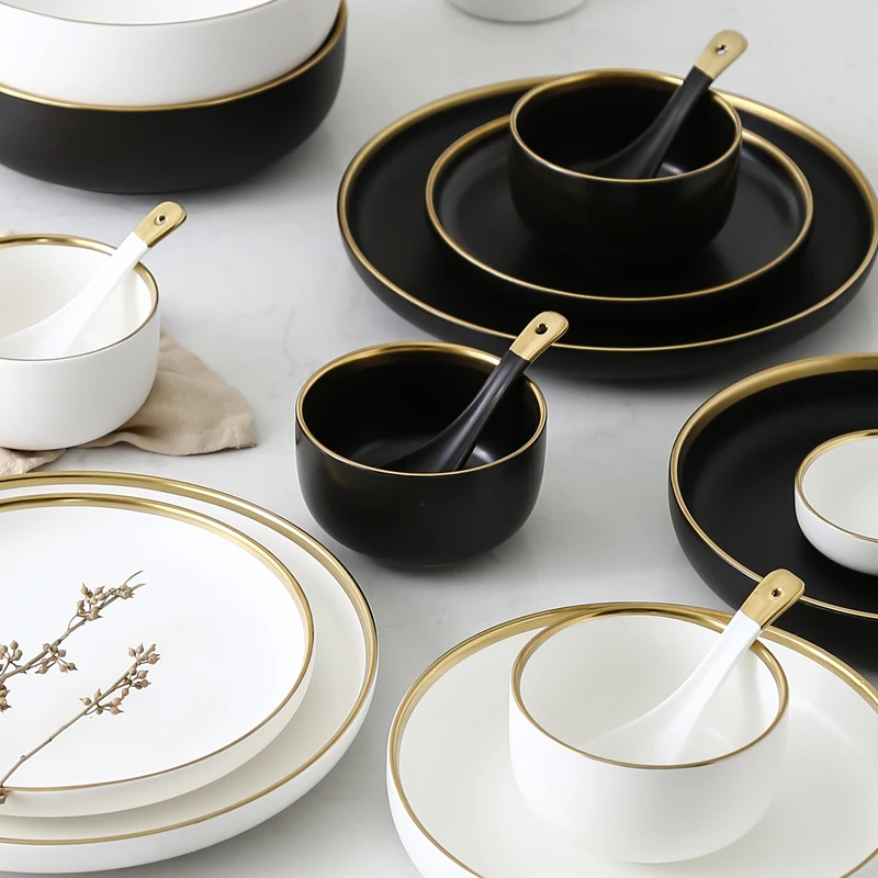 White And Black Round Gold Stroke Ceramic Dinner Plate Set Porcelain Steak Tableware Rice Soup Bowl Spoon Dish Home Decoration