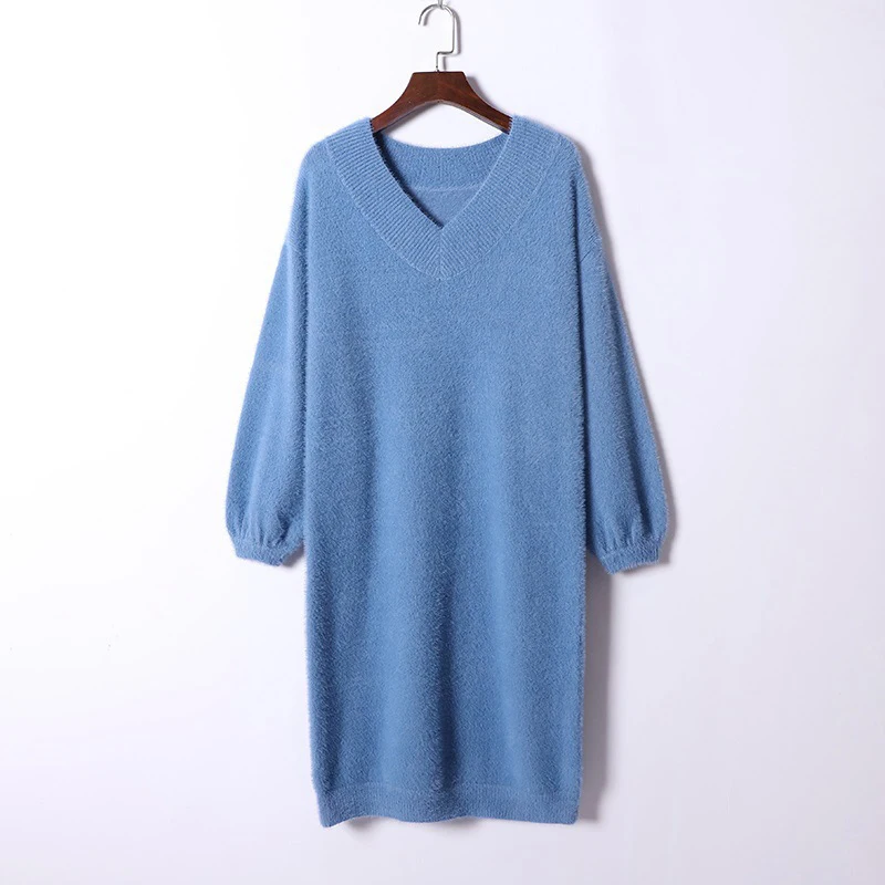 HLBCBG V Neck Long Sleeve Sweater Dress Women Autumn Winter Loose Tunic Knitted Casual Clothes Above Knee Mini Solid Dresses