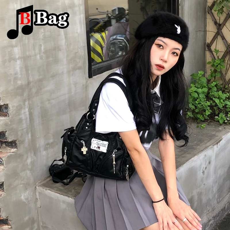 Women Girls Y2K Retro PU Leather Shoulder bag Underarm Bag Hot Girls Motorbike Messenger bags Handbag Female large capacity Tote