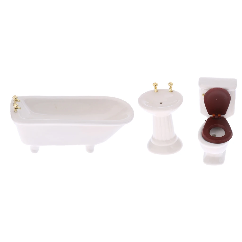 Banheiro de porcelana para Dollhouse, acessórios miniatura, estilo moderno, 1:12