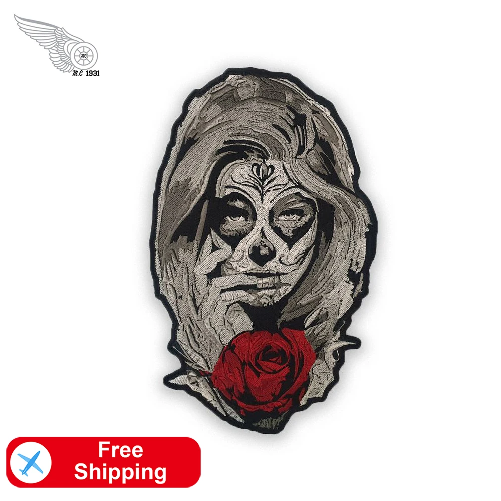 Girl and Rose Skull Patch Large Size Biker Stickers Embroidered for Women Rock Festival Backpack Clothing Vest Jacket