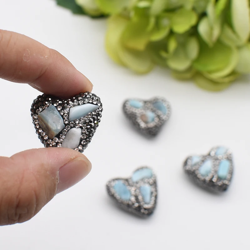 5pcs/lot 26x25mm High Quality Light Blue Larimar heart-shaped Beads Trimmed With Crystal Zircon