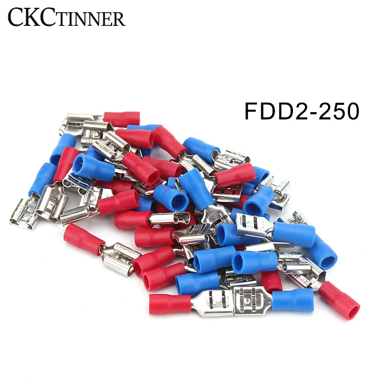 100pcs / pack FDD2-250 FDD female insulated electrical Crimp Terminal for 1.5-2.5mm2 Cable connectors Cable connector