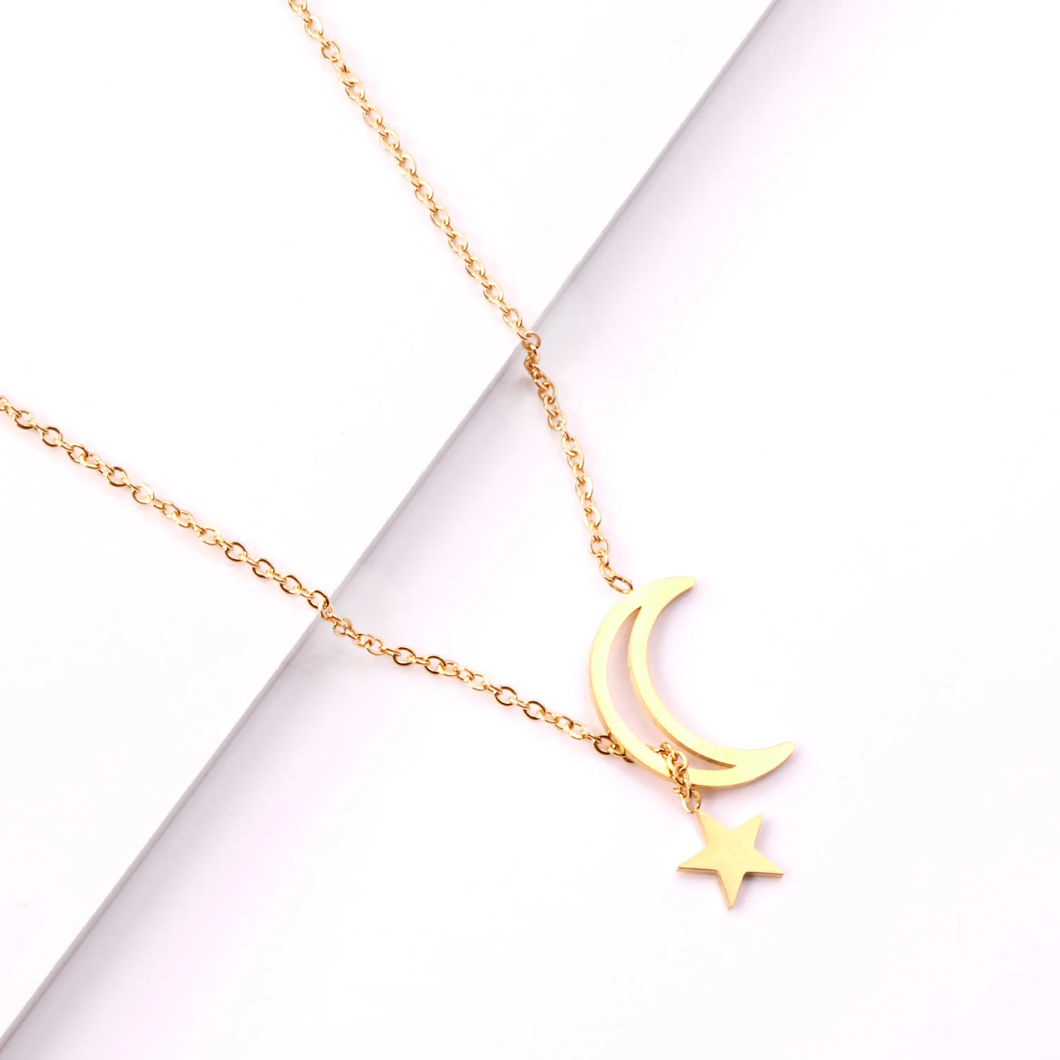 LUXUKISSKIDS Moon Star Pendants Necklaces Gold Color Stainless