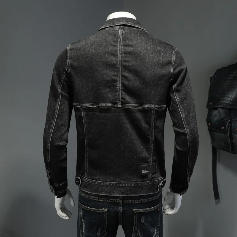 Fashion Mens Denim Jackets Spring Autumn Mens Casual Black Cotton Patchwork Jeans Coat High Quality