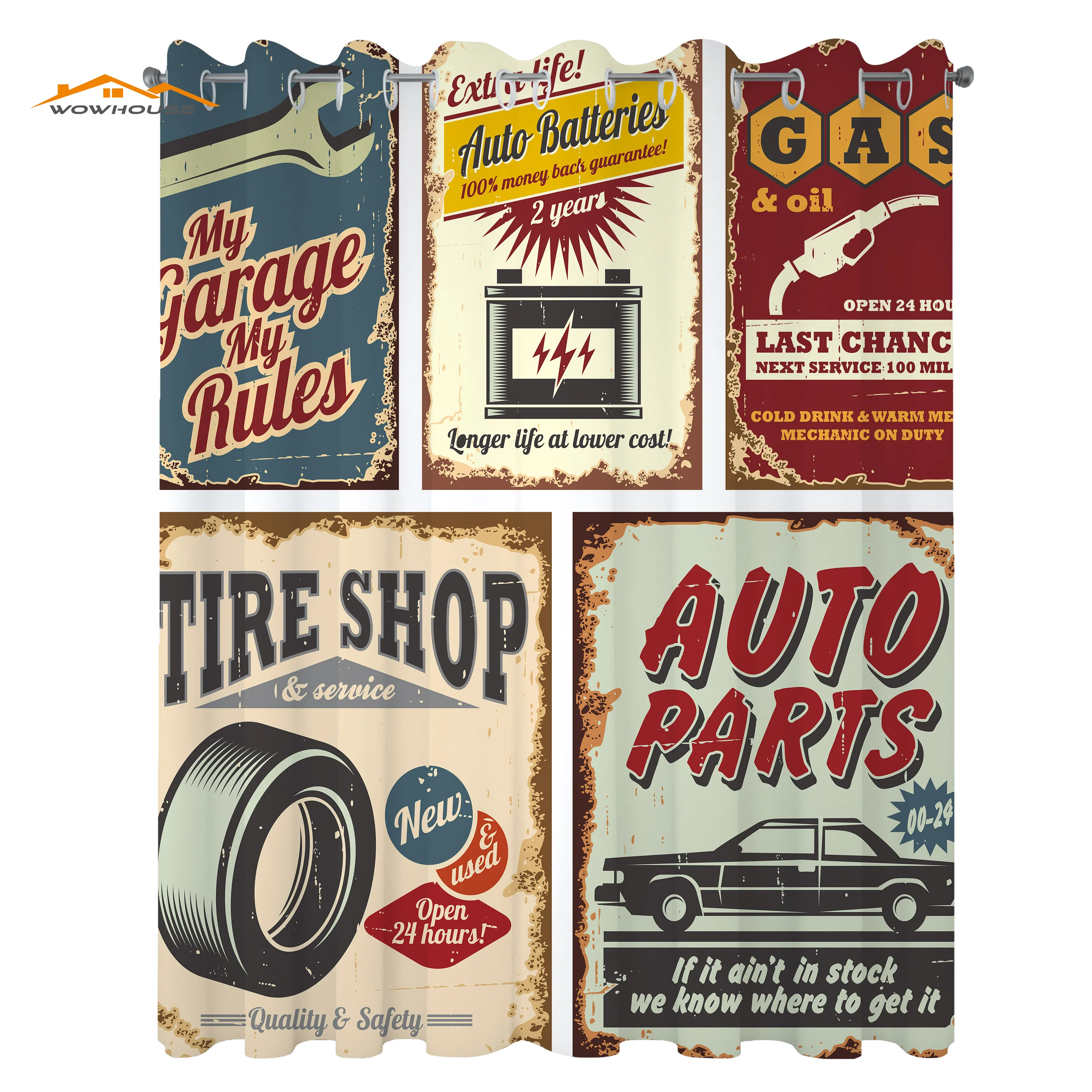 1950s Window Curtains Vintage Car Signs Automobile Advertising Repair Vehicle Garage Classics Servicing Living Room Decor