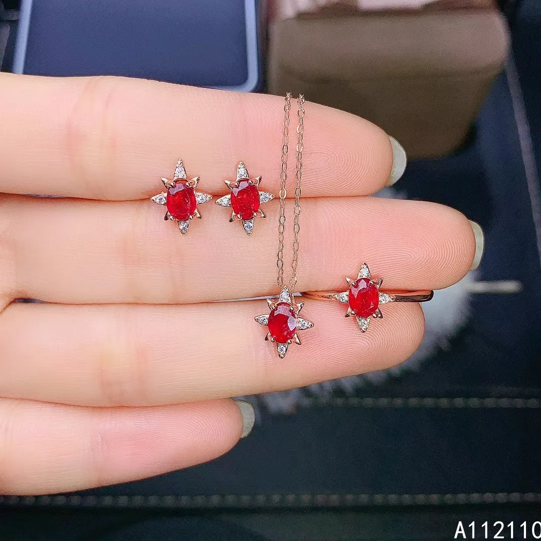 

Fine Jewelry 925 Pure Silver Inset With Natural Gemstone Women's Luxury Noble Star Ruby Pendant Ring Earring Set Support Detecti