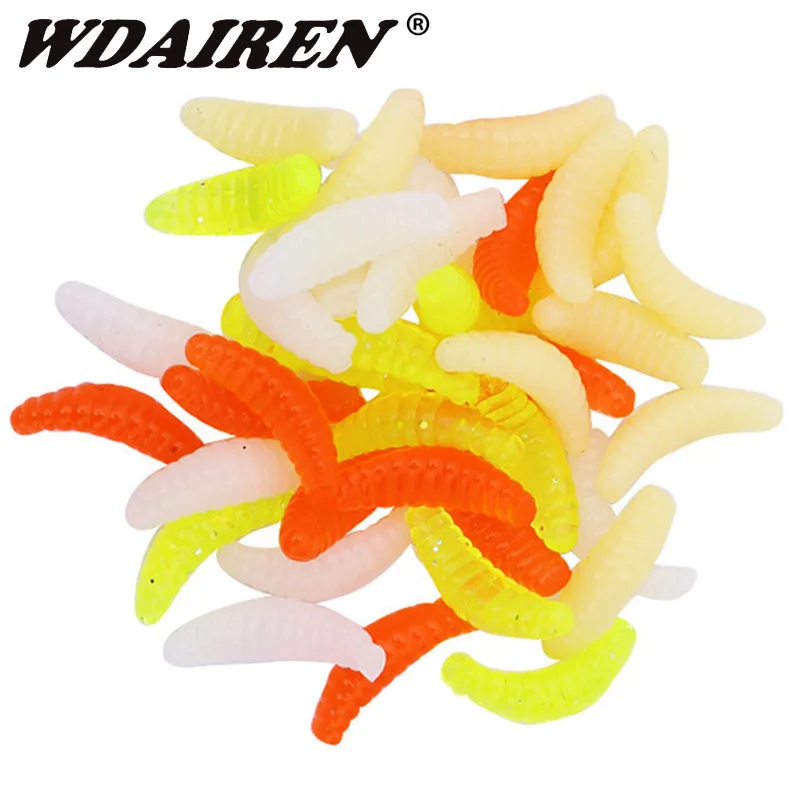 50 or100Pcs Fishing Lure Lifelike Worms Maggot Grub Soft Bait Silicone Artificial Bait Breadworm Smell Shrimp Additive Bass Carp