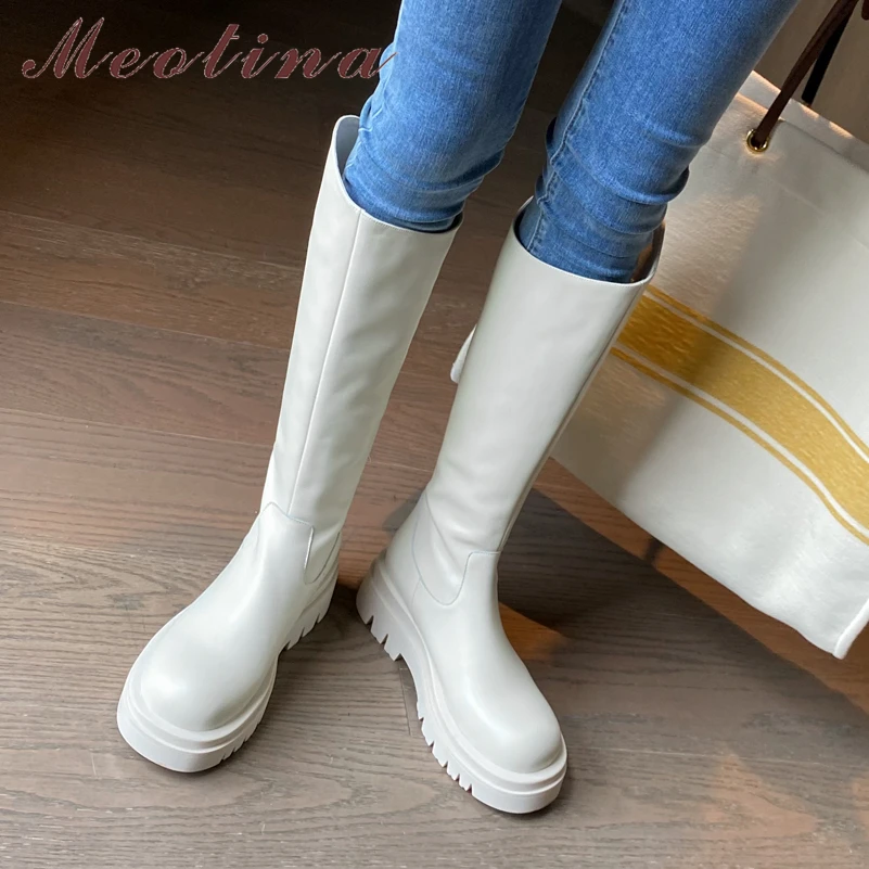 

Meotina Women Genuine Leather Knee High Boots Platform Flat Western Boots Round Toe Zipper Ladies Boots Autumn Winter White 43