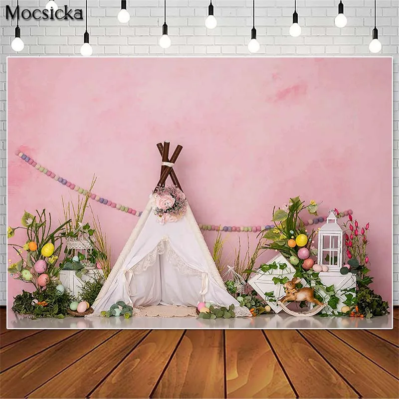 Mocsicka Spring Bohemian Easter Photography Backdrops Flower Tent Girl Birthday Cake Smash Photo Props Studio Booth Background