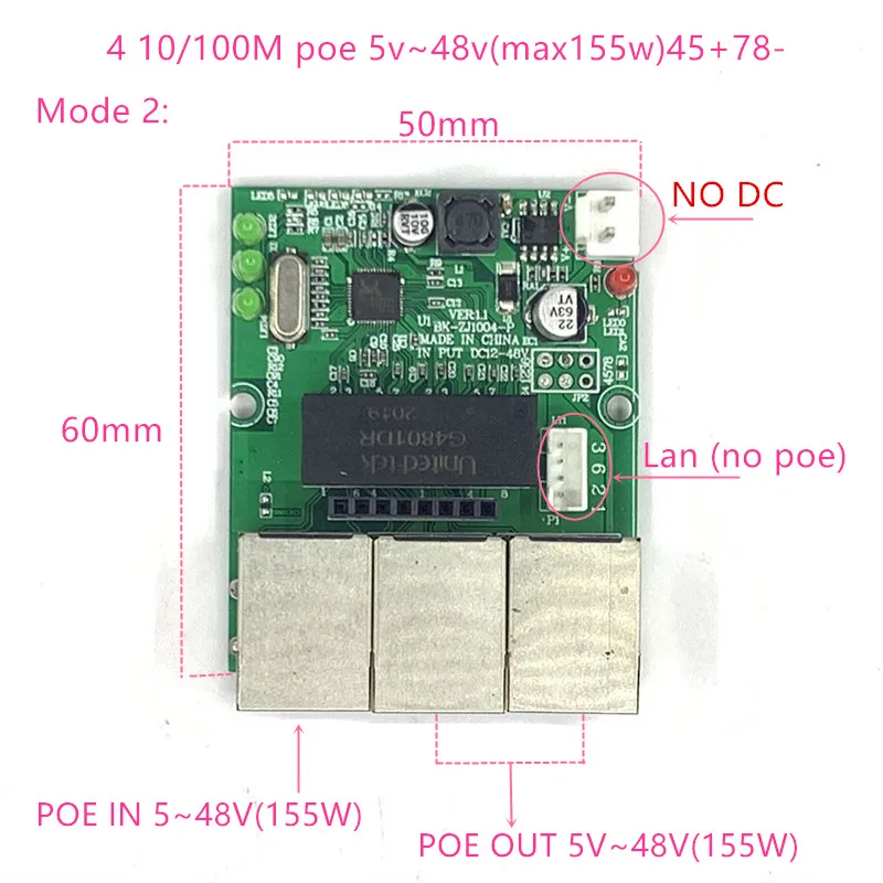 역방향 전원 공급 장치 POE 스위치, POE 입력/출력 5V/12V/24V/48V 155W/3 = 51.67W 100mbps 802.3AT 45 + 78-dc5 V ~ 48V 거리 시리즈 힘 POE