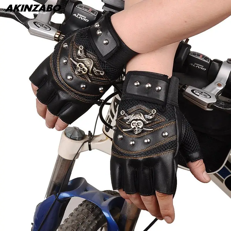 Skulls Rivet PU Leather Fingerless Gloves Men Women Hip Hop Half Finger Mittens Men\'s Gloves Women\'s Gym Punk Bicycle Gloves