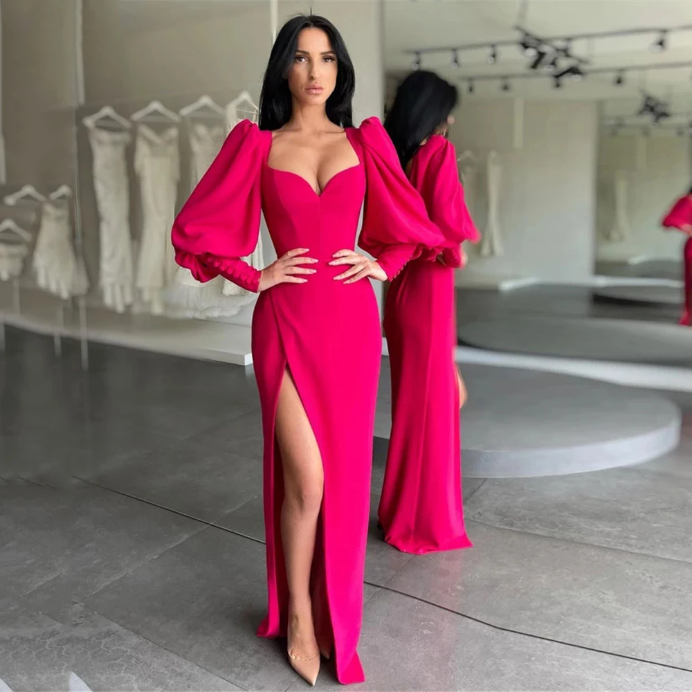 

Fuchsia Long Puffy Sleeves Evening Dresses Slit Side Soft Elastic Satin Prom Gown Special Occasion Party vestidos de noche