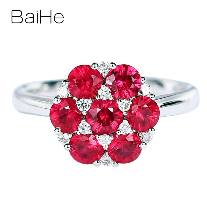 

BAIHE Solid 14K White Gold Natural Ruby Diamond Flower Ring Women Wedding Fine Jewelry Making Bague Fleur Rubis טבעת פרח רובי