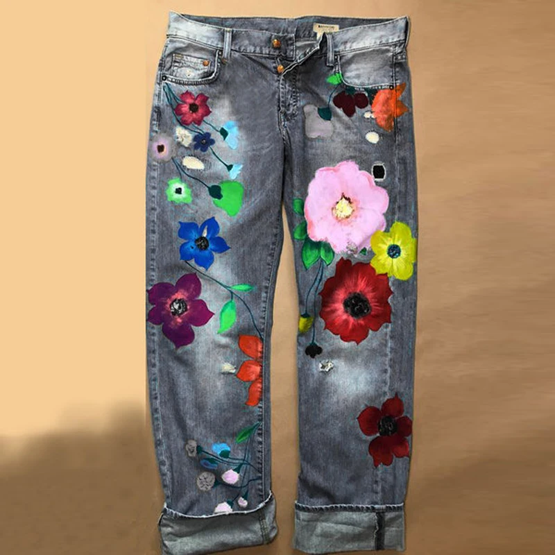 Cute Flower Printed Jeans Women Loose Jeans New Style Direct Jean Hot Fashion Ladies Printed Thin Denim Spring Summer Breathe