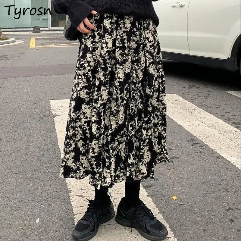 

Black Tie Dye Skirts Winter All Match Streetwear Mid Calf Faldas Fashion High Waist Slender Women Skirt Chic Ulzzang Leisure New