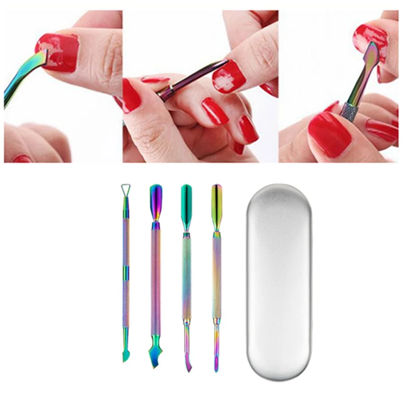 Pinceau à ongles à double tête en acier inoxydable, 4 pièces/ensemble, pince à épiler, limes à ongles, pour enlever le vernis, soins de manucure, outils de nettoyage des rainures