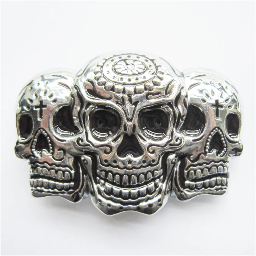 Retail Distribute Bright Silver Plated Three Tattoo Skulls Belt Buckle SK025 Free Shipping