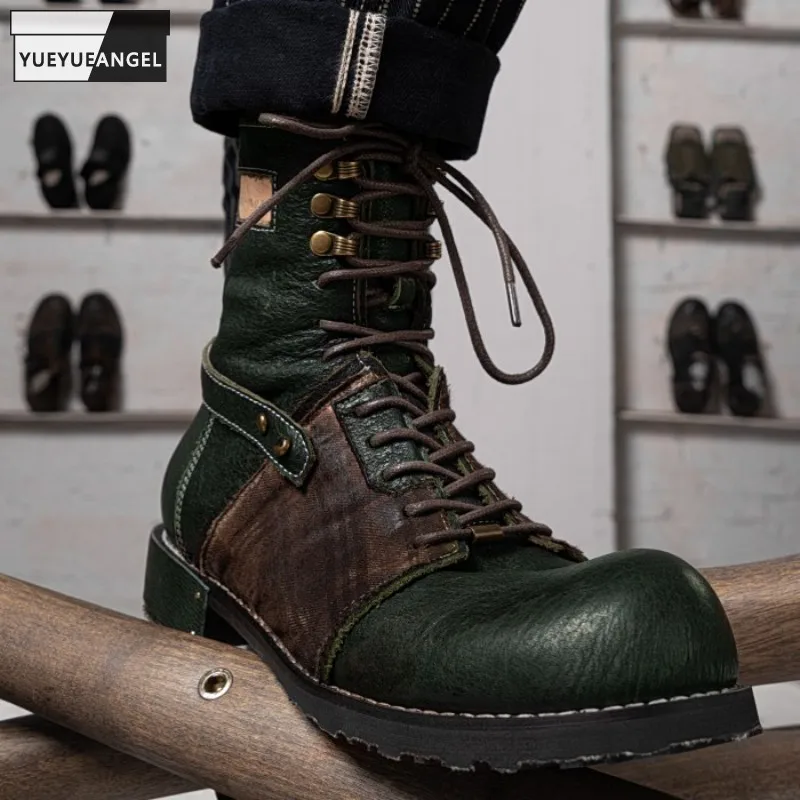 Vintage Mens Deep Green Plaid Lace Up Work Safety Boots Round Toe High Quality Horse Leather Ankle Boots Moto Biker Riding Shoes