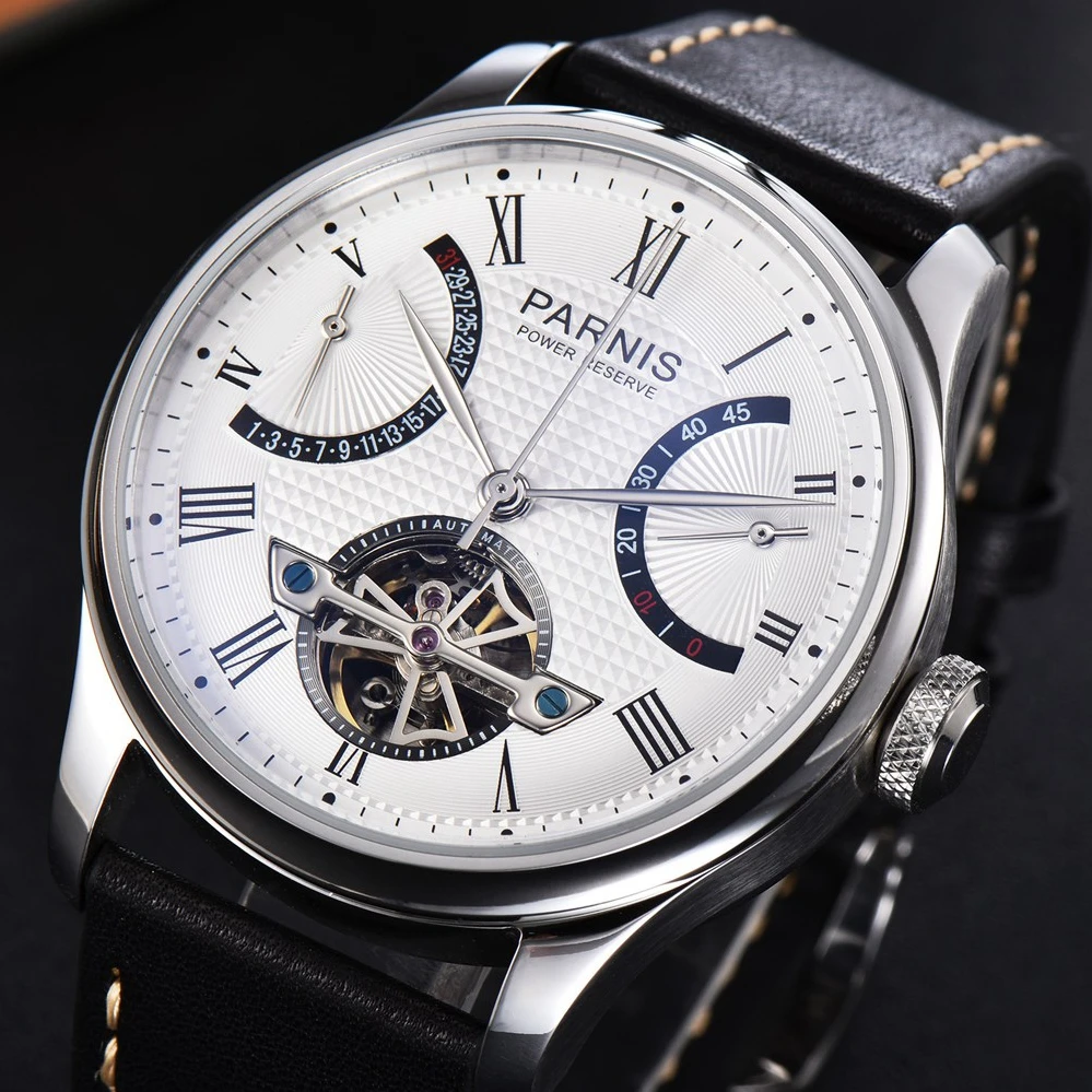 

Parnis 43mm silvery case Leather strap White dial Black Letters Calendar Kinetic Flywheel 2505 Automatic Movement Men's Watch