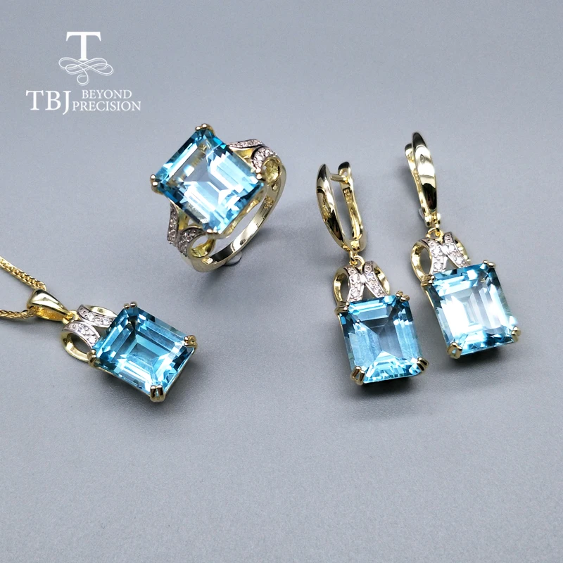 Natural good color BB sky blue topaz jewelry set Ring Necklaces and earrings 925 silver fine jewelry for women with gift box