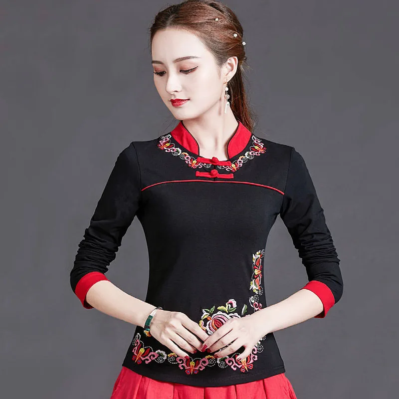 Chemise à manches longues en coton mélangé pour femmes, vêtements traditionnels chinois, épissage de broderie, mode automne, grande taille, Y-2024