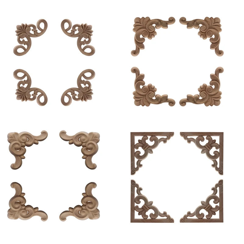 4PCS Unpainted Ornamental Antique Wood Mouldings Onlay Wood Applique Wood Decal Flower Long Wooden Furniture Corner Walls Window