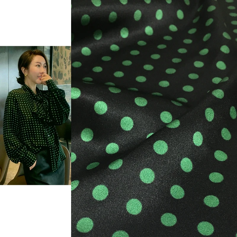 Polka dot printing black background retro green stretch digital printing fabric natural mulberry silk high fashion fabric