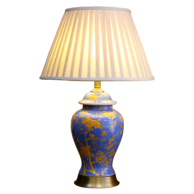 

Blue Porcelain Table Lamp Foyer Bed Room Wedding Decor Modern European Ceramic Desk Light 67cm D48