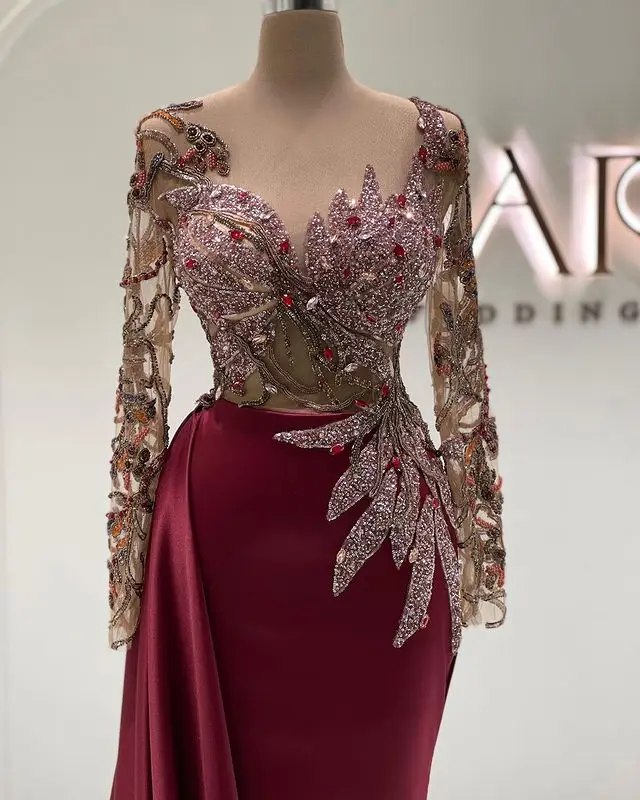 Cusomized Beading Mermaid Prom Dresses Burgundy Long Sleeve Sexy Jewel Neck Evening Dress Party Wear Sweep Train Satin Gowns