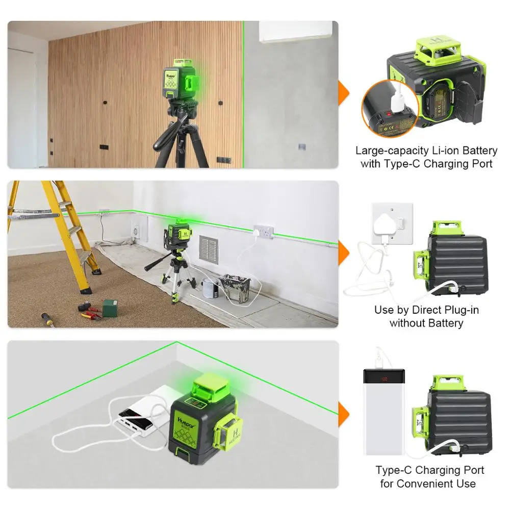 Huepar 3D Cross Line Self-leveling Laser Level 12 lines Green Beam Li-ion Battery with Type-C Charging Port & Hard Carry Case