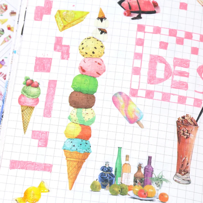 6 Sheets Kawaii Travel Diary Food Sticker Cartoon PVC Sticker DIY Scrapbooking Diary Stamp Album Notebook Decorative Stationery