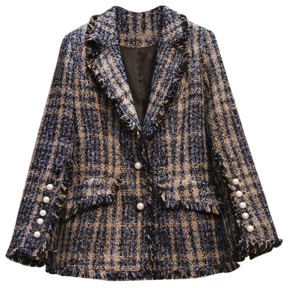 Women Pearls Long Sleeve Autumn Winter Jacket Coat Plaid Vintage Korean Plus Size Outerwear Fashion Gentle Tweed Tassel Jackets