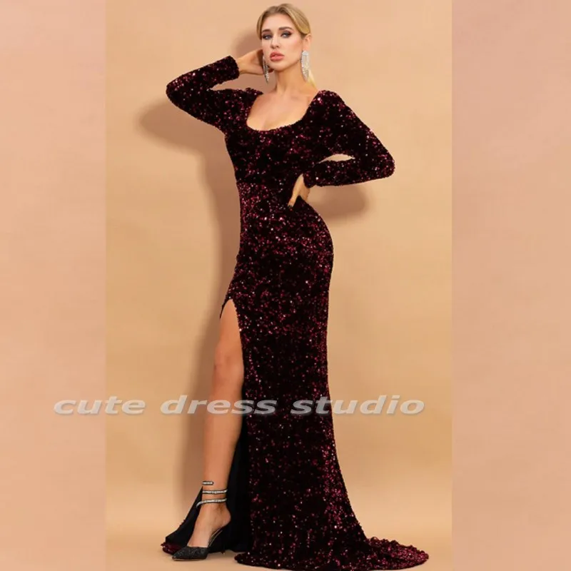 Borgonha escura sereia vestidos de noite manga longa lantejoulas colher dividir vestidos de festa de formatura feito sob encomenda vestido de convidado de casamento