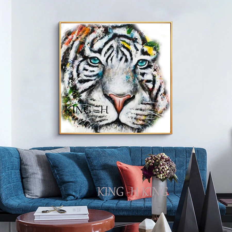 Hand-painted modern forest animals of Warcraft tiger and lion oil painting wall art family decoration living room large mural