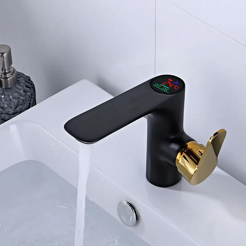 Brass Digital Bathroom Basin Faucet with Led Temperature Display Screen Hot and Cold Intelligent Bath Sink Mixer Faucet