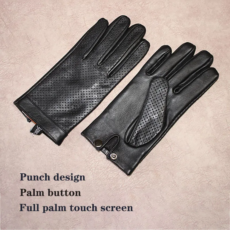 Summer Leather Driving Gloves Men\'s Sheepskin Touch Screen 2021 New Eyelet Breathable Thin Motorcycle Riding Driver Gloves