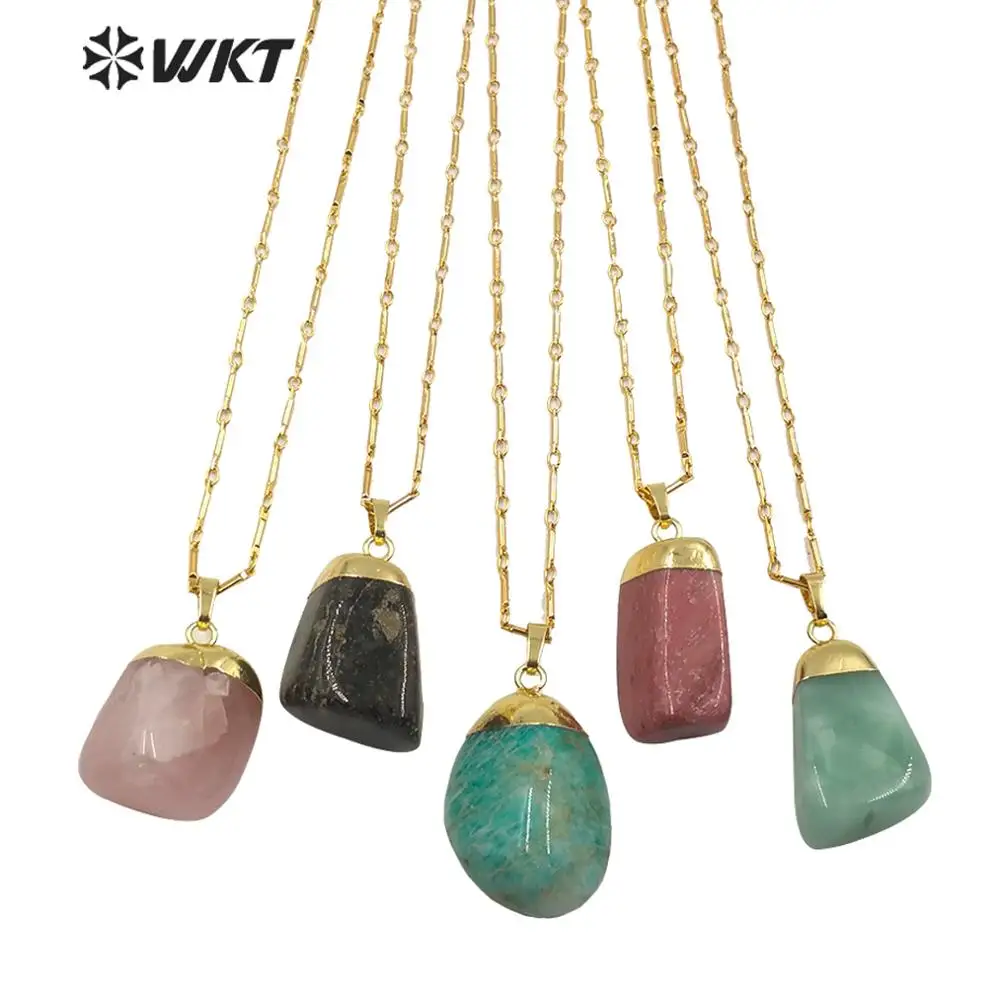 

WT-N1211 Natural stone necklace multi color gem stone necklace random shape with gold Electroplated chain Bohe necklace