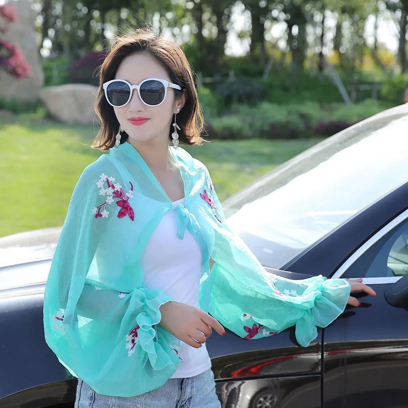 Summer Chiffon Scarf For Women Ruffles Long Sleeve Poncho Stole women Shawls driving Sunscreen Print Floral Lace Perspective New