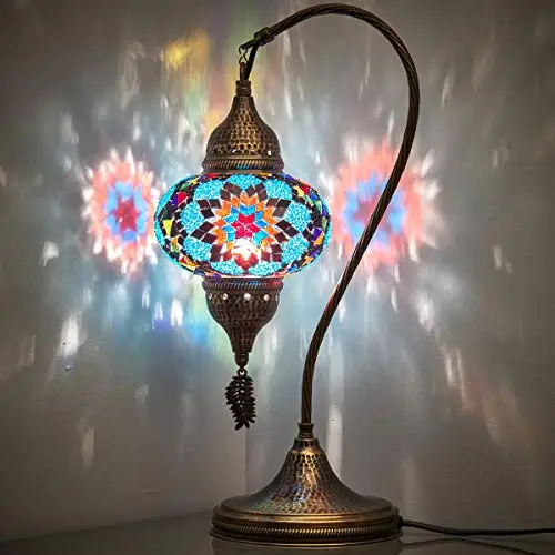 

English Moroccan Tiffany Style Handmade Colorful Mosaic Table Desk Bedside Night Swan Neck Lamp Light Lampshade, Blue Multi, 19"