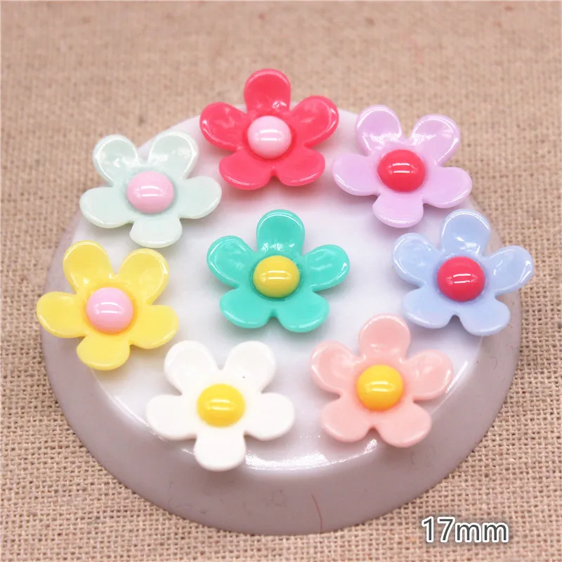 50PCS 17mm Mix Colors Resin Exquisite Five-petal Flowers Flatback Cabochon DIY Hair Bow Center/Craft Decoration Accessories