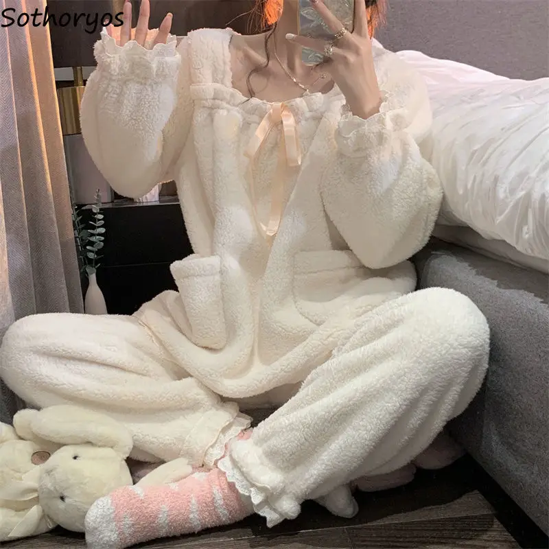 

Women Lace Bow Pajama Sets Flannel Cute Warm Sleepwear New Plush Sweet Outwear Long Sleeve Pajamas Thick Winter Lounge Wear Ins