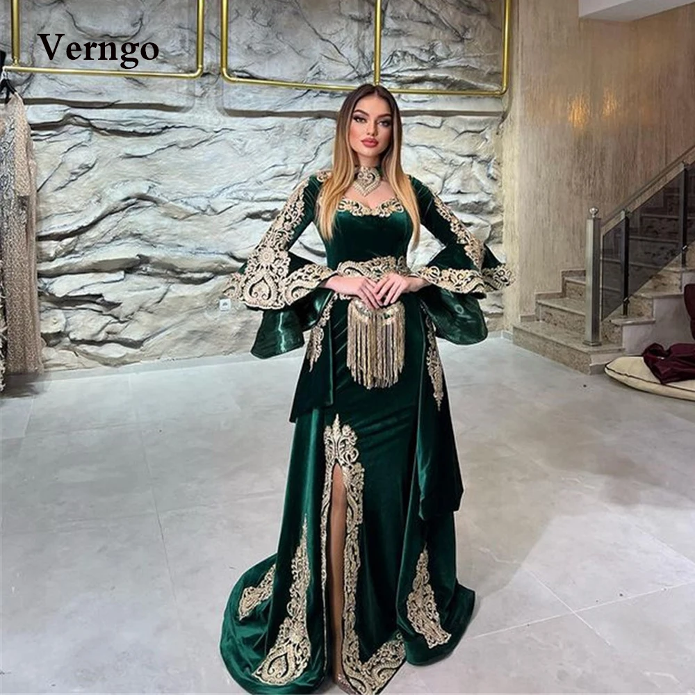 Verngo Velvet Mermaid Prom Gown Emerald Green Applique Dubai Evening Dress 2024 France Kaftan Moroccan Formal Occasion Gown