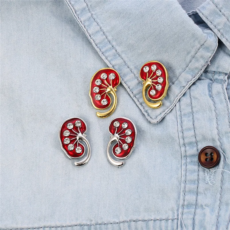 Red Kidney Crystal Enamel Pin Kidney Pin Medical Gift Doctor Nurse Brooches gold silver color Trendy Jewellery Women Accessories