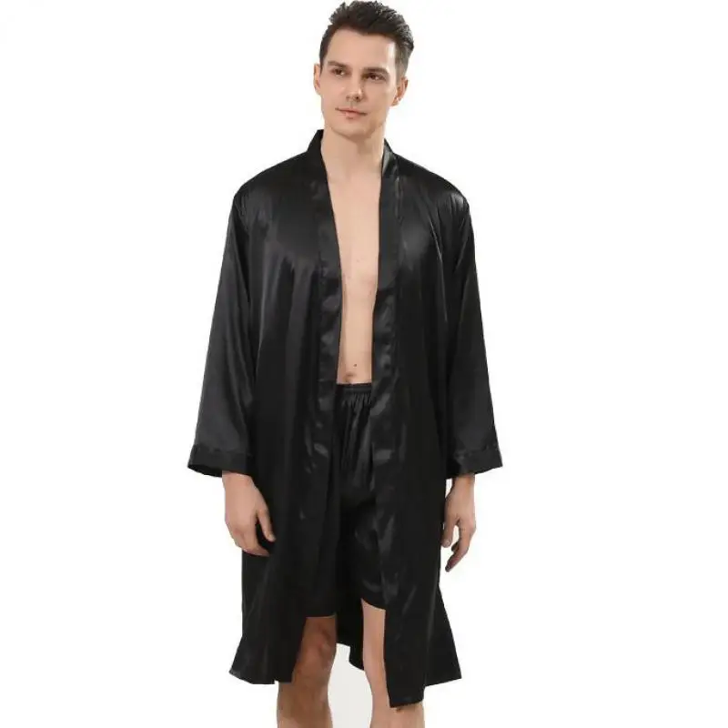 2PCS Robe&Shorts Casual Sleep Set Men Home Clothing Intimate Lingerie Long Sleeve Satin Homewear Nightwear Black Pyjamas